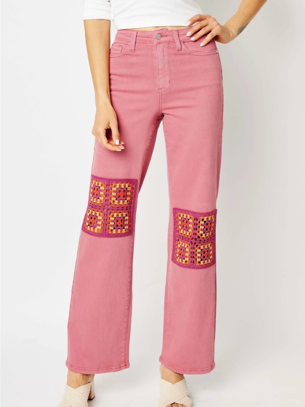 Judy Blue Pink Wide-Leg Jeans with Colorful Crochet Knee Patches
